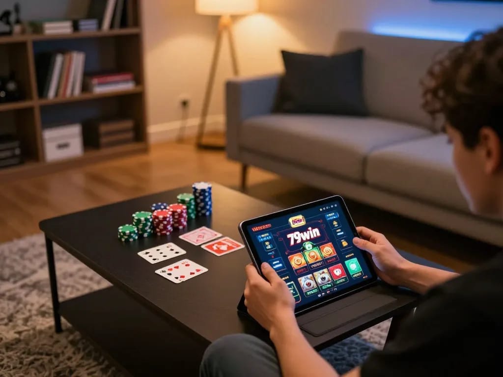 Player enjoying a strategic game on 79win's online casino app in a cozy home setting.