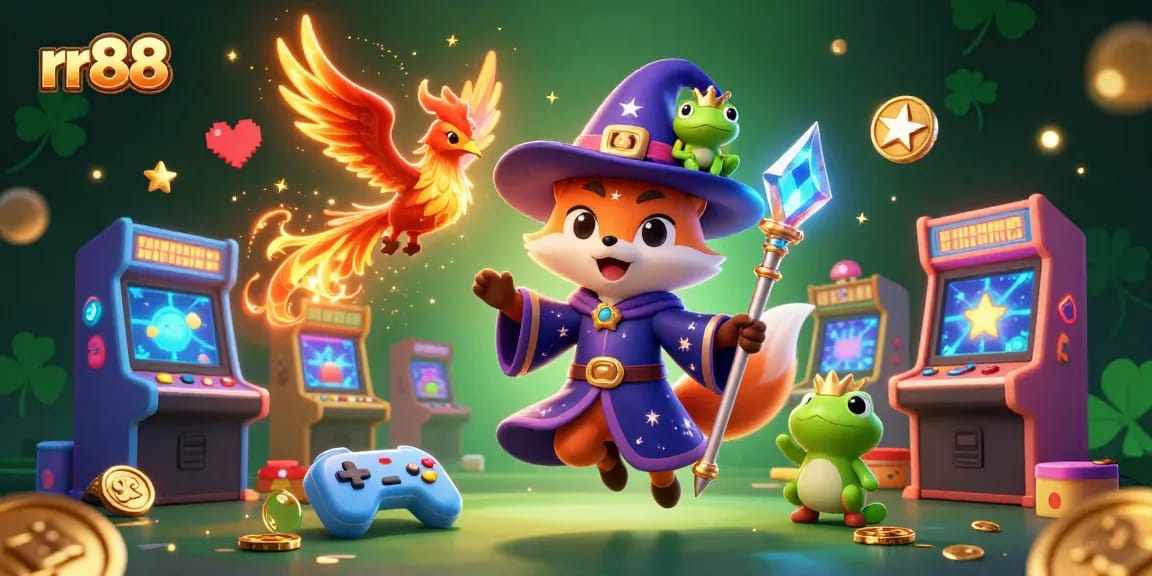 Play and win on rr88 with a magical wizard fox and a phoenix in a vibrant casino scene.