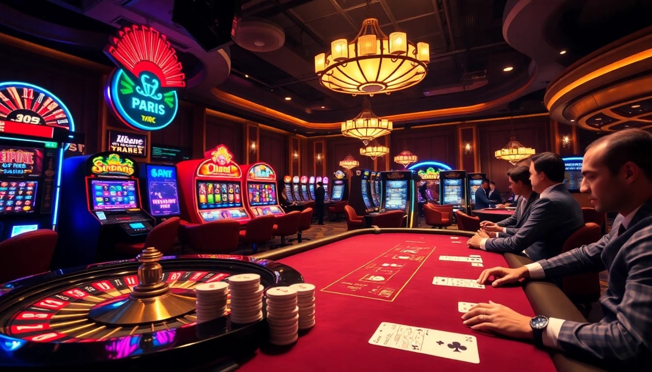 Exciting casino scene showcasing gambling activities at https://du88i.com/, including roulette, poker, and slot machines.
