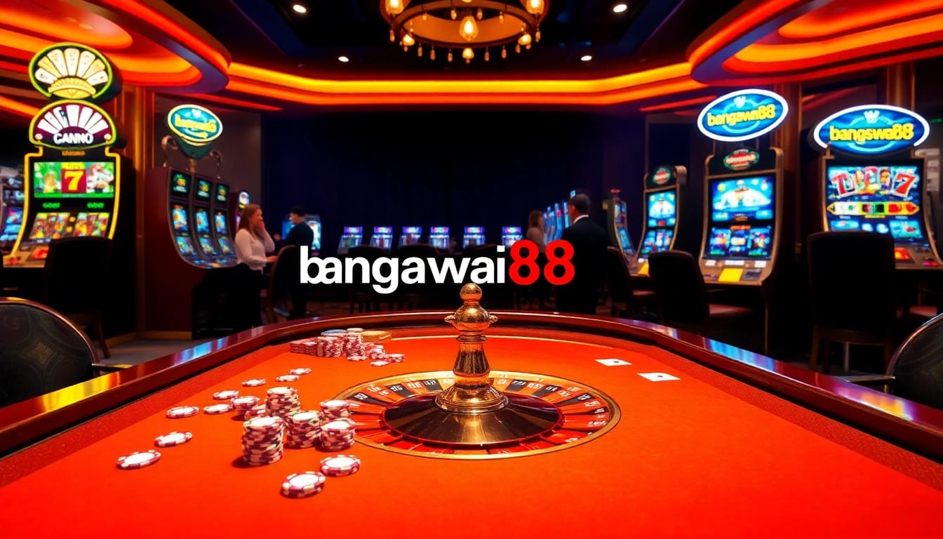 Bangsawan88 showcases a vibrant casino scene with a polished roulette wheel and engaging slot machines.
