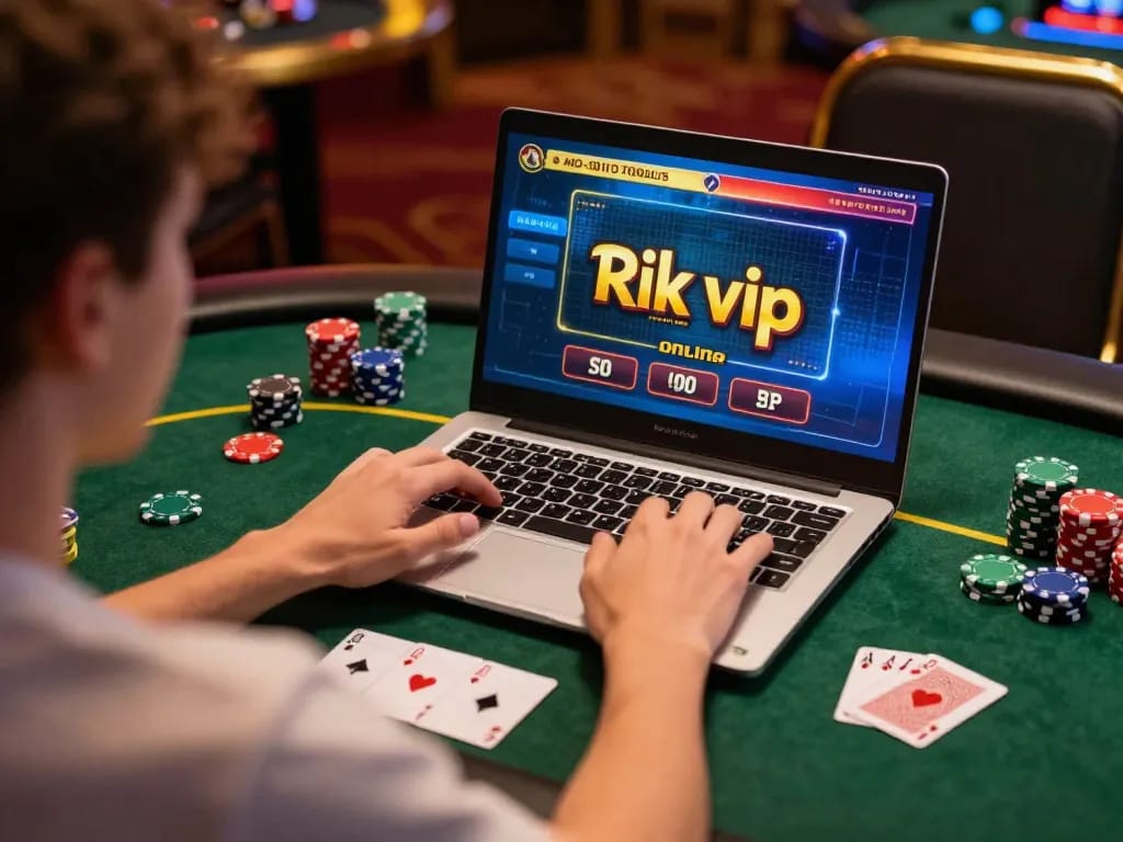 Engaging in rik vip online casino gameplay on a sleek laptop, highlighting strategic gambling action.
