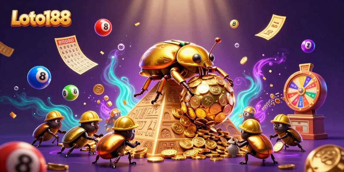 Loto188 players enjoying vibrant lottery games amidst golden treasures and dazzling prize elements.
