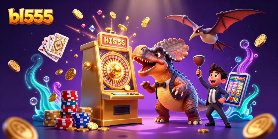 Experience bl555 jackpot excitement with animated dinosaurs in a vibrant casino scene