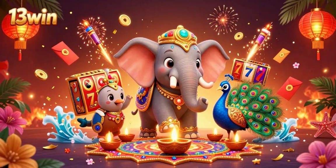 Experience excitement with 13win as a majestic elephant celebrates luck and fortune in a vibrant casino scene.