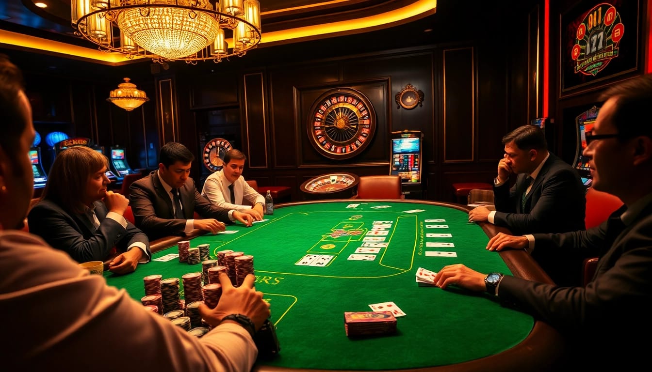 79king high-stakes poker game showcasing vibrant chips and cards in a luxury casino setting.