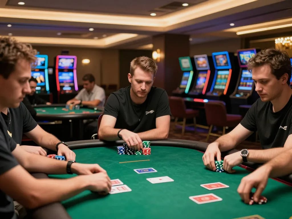 Dafabet poker game in a modern casino, players strategizing around a green felt table.