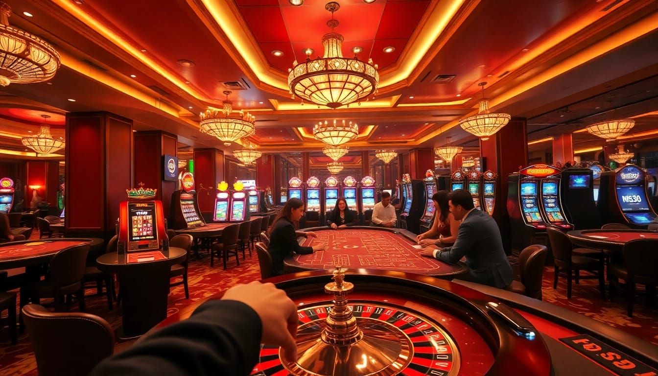 Players enjoying games at NK88 casino with roulette and slot machines in a luxurious setting.