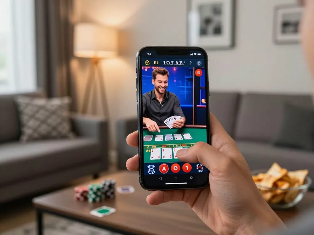 Playing blackjack on 789clubgo smartphone app in a cozy home atmosphere.