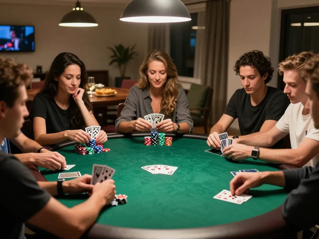 Friends enjoying a poker night at home, showcasing strategies in the hit club.