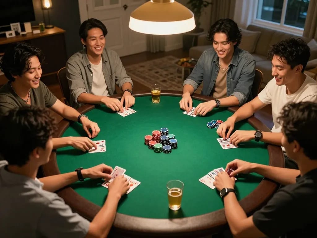Players enjoying poker night at home with strategic play and vibrant chips, showcasing gaming excitement at https://mm88.se.net/.