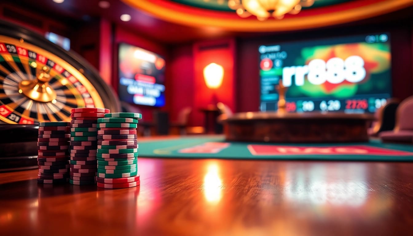 Players enjoying an exciting game at rr88 casino with vibrant poker chips and roulette.