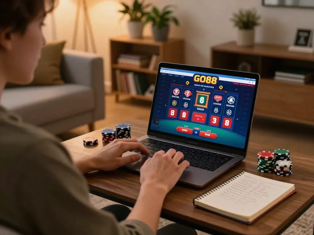 Engaging gameplay while tải go88 on a laptop in a cozy home setup, showcasing strategic betting.