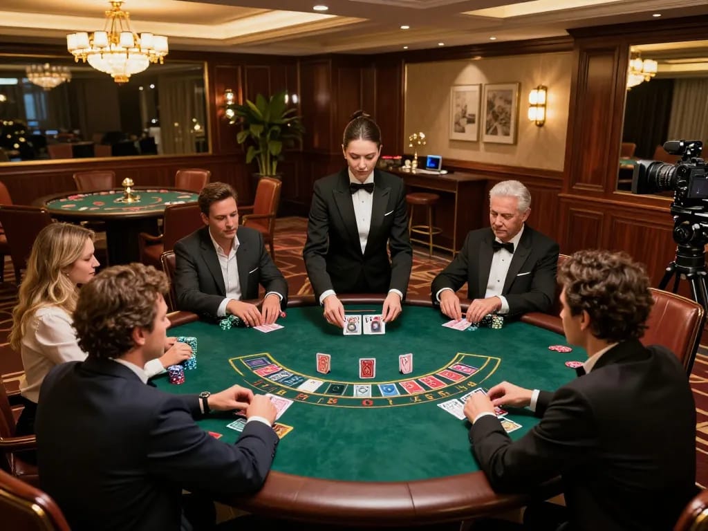 Players strategizing at a blackjack table in a luxurious casino featuring Rachit branding.