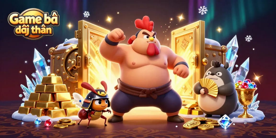 Experience the thrill of Game bài đổi thưởng with vibrant characters amid treasure in a dynamic casino scene.