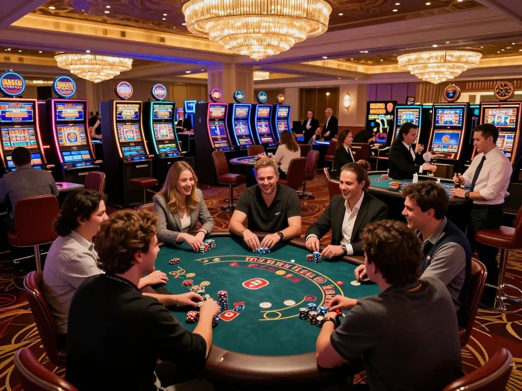 Players enjoying an exciting poker game at a lively casino with MM88 branding.