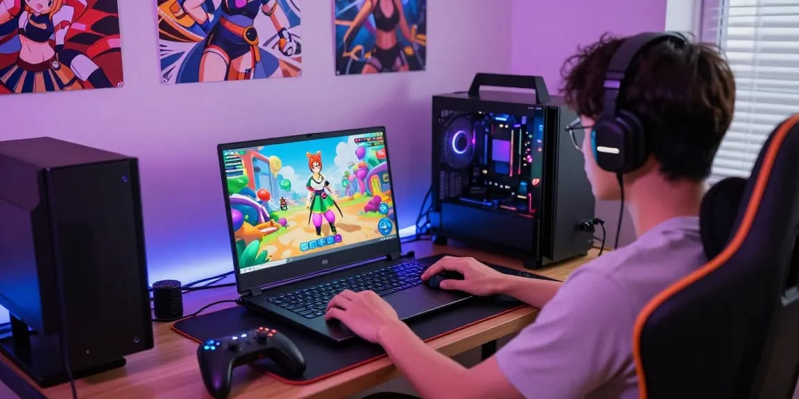 Engaged player exploring a colorful hentai game on a sleek laptop, vibrant ambiance.