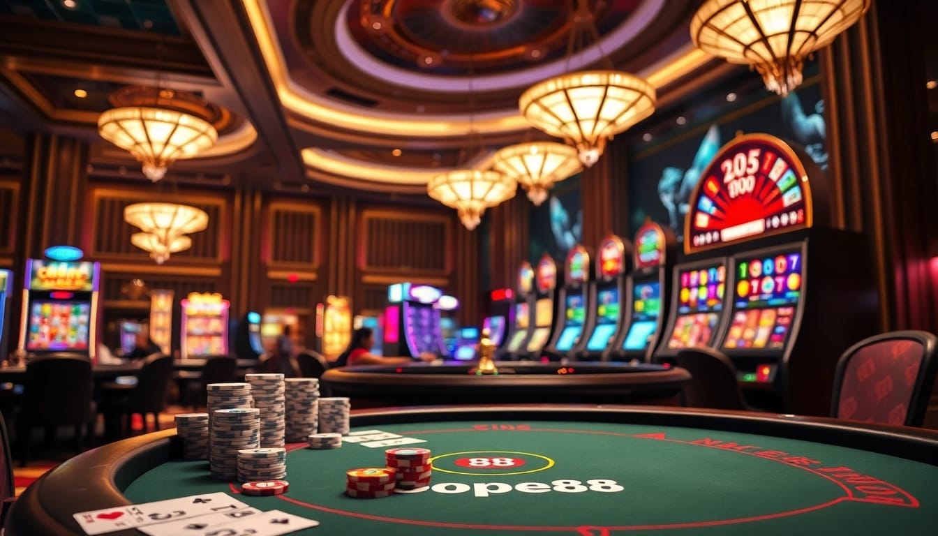 Engage with open88 at a luxurious casino featuring high-stakes poker and vibrant slot machines.