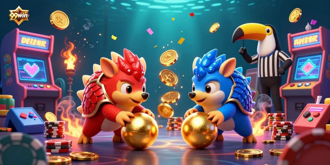 Engage with 99win through a thrilling bowling showdown between colorful pangolins amidst poker chips and arcade machines.