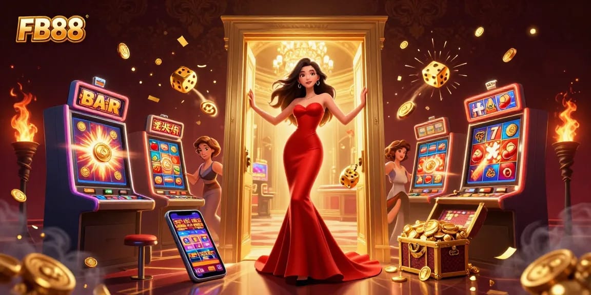 Experience FB88 with a glamorous Asian woman in a red gown amidst exciting casino action.