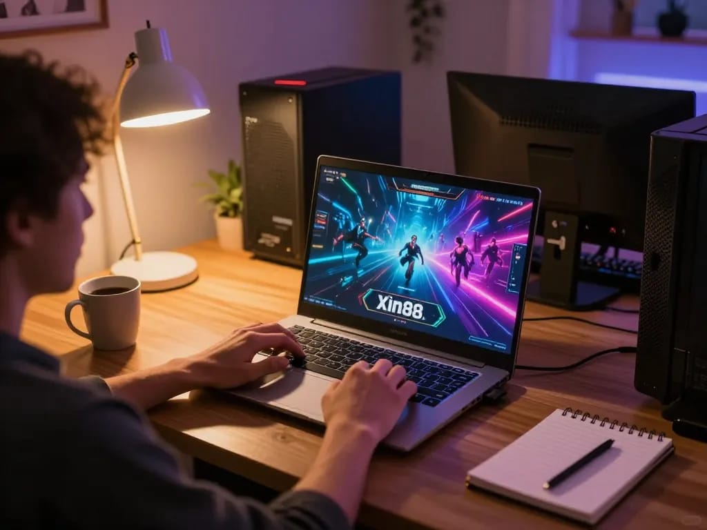 Player engaged in online casino gaming with Xin88 on laptop, showcasing vibrant visuals and strategy notes.