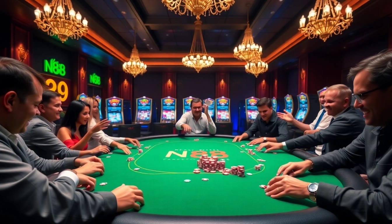 Players enjoying a thrilling game at the NK88 casino table with colorful chips and cards.