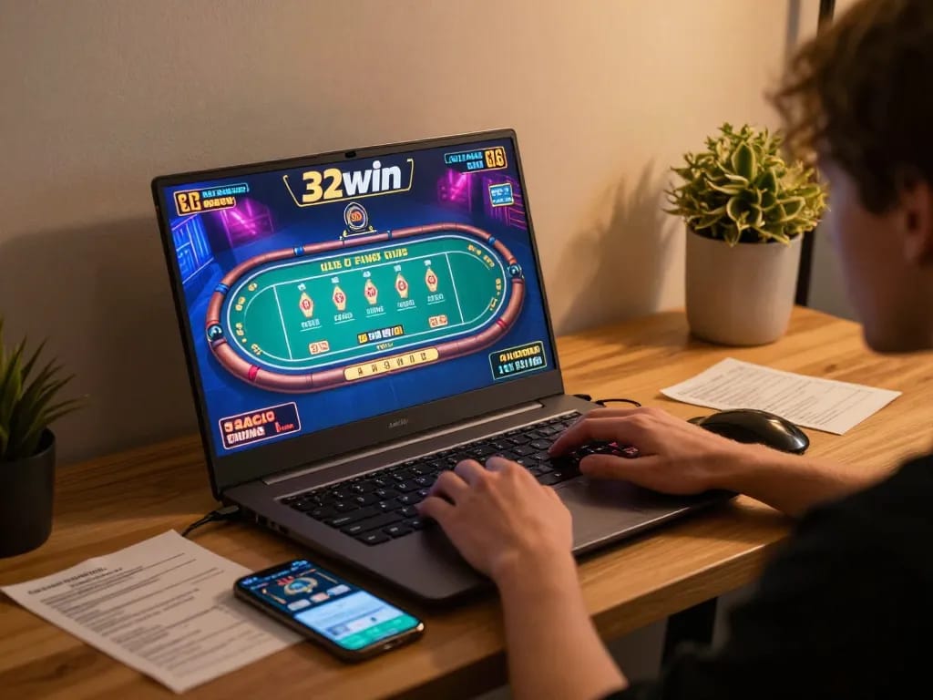 Engaging online gaming scene at 32win with live dealer interaction and cozy setup