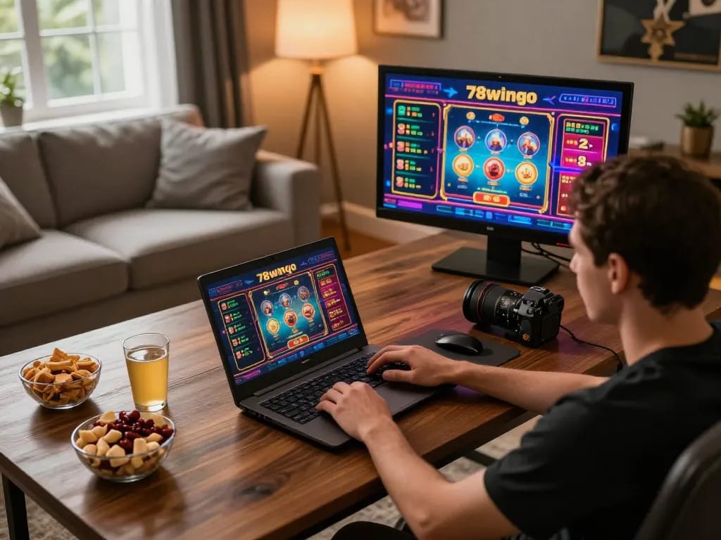 Experience online gaming excitement with 78wingo in a stylish home office setting.