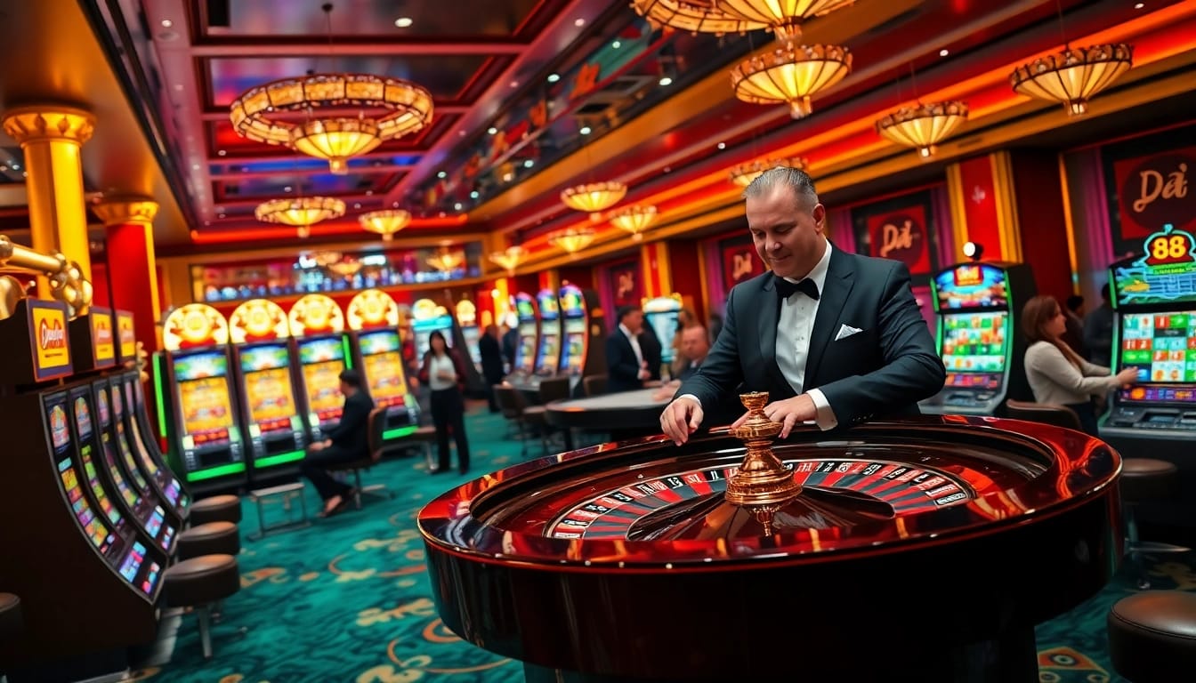 Players engaging at a luxurious casino table featuring da 88 themed slot machine with vibrant casino decor.