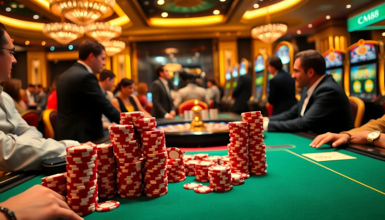 Players strategizing at a luxurious cm88 poker table, showcasing thrilling gaming action.