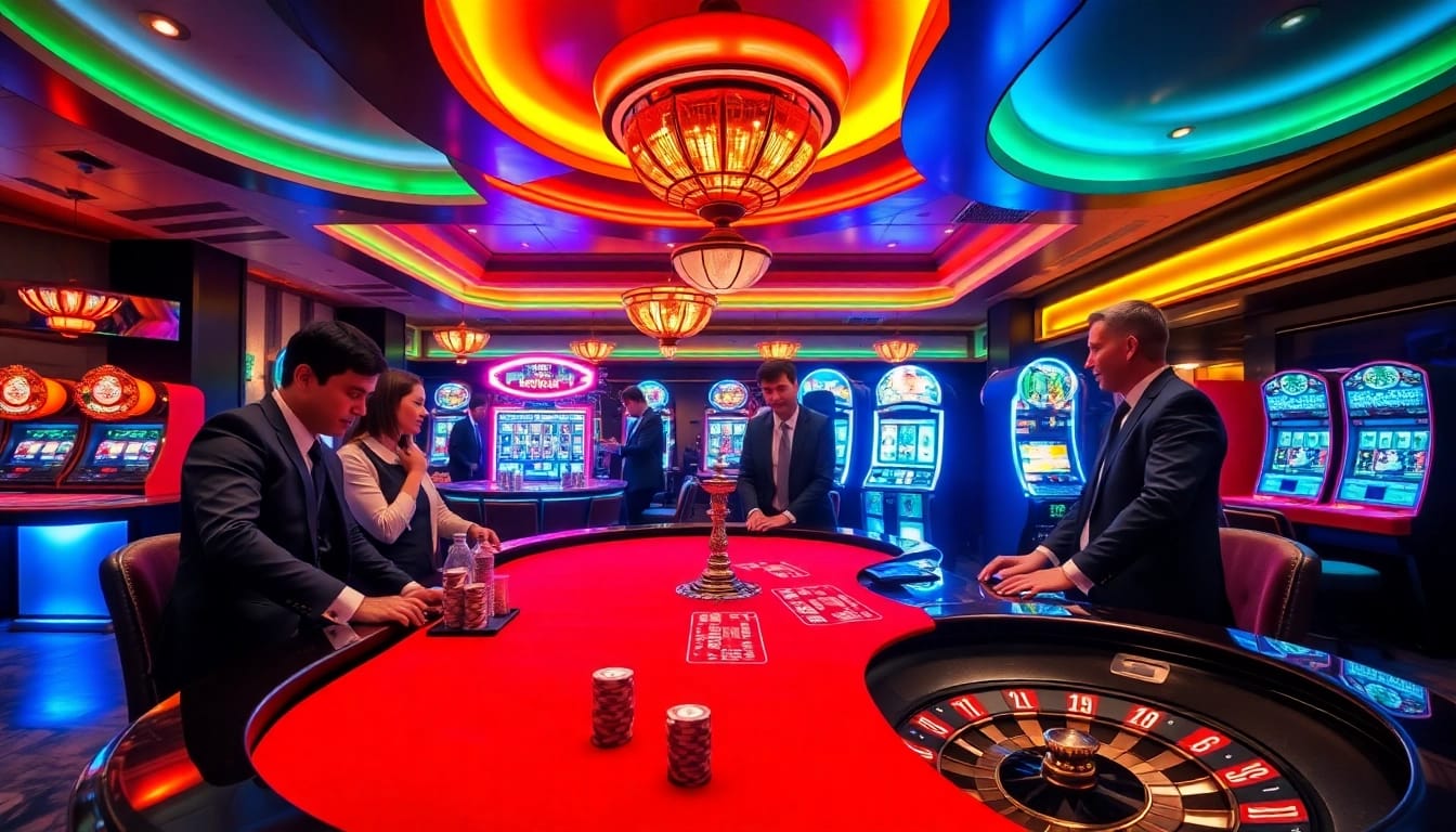 Players enjoying a thrilling poker game in a luxurious SODO casino setting with vibrant lights.