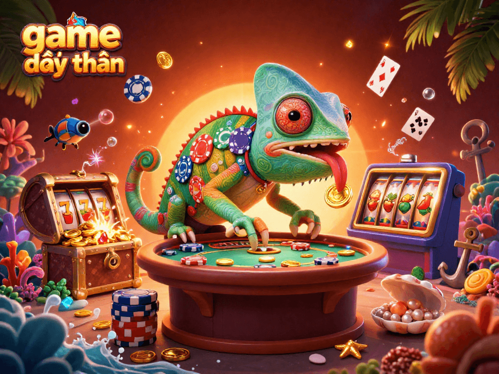 Experience game đổi thưởng excitement with a vibrant chameleon casino owner in a thrilling 3D scene.