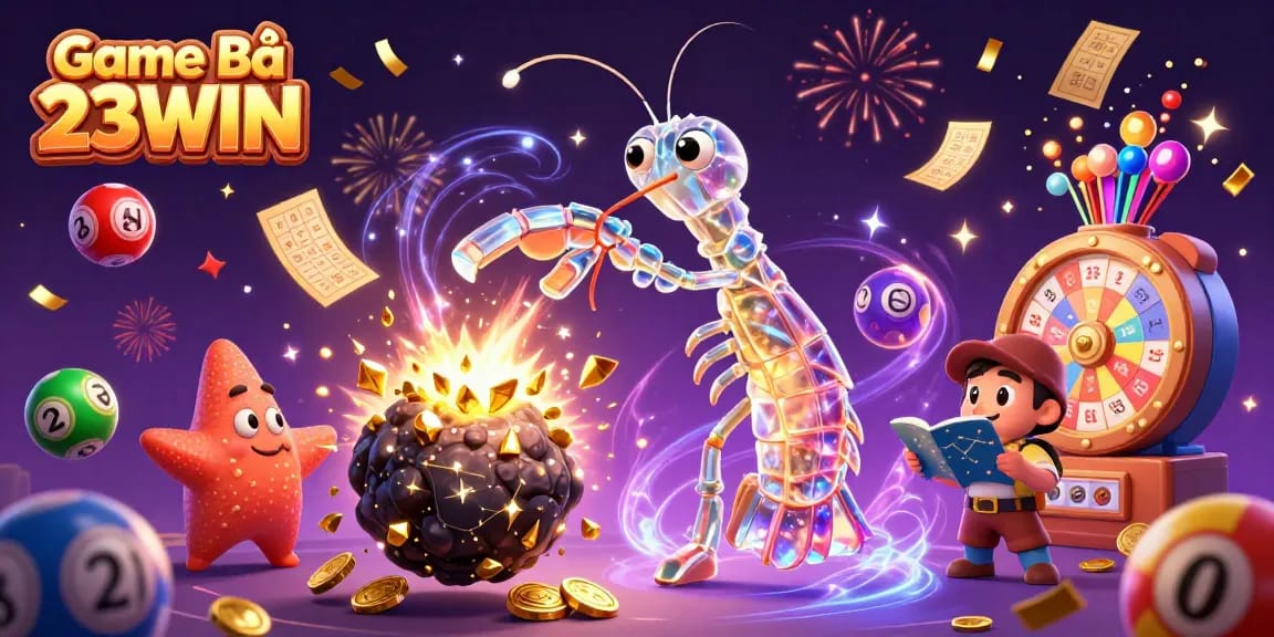 Engage in Game Bài 23WIN with exciting lottery elements and colorful characters amidst a vibrant casino backdrop.