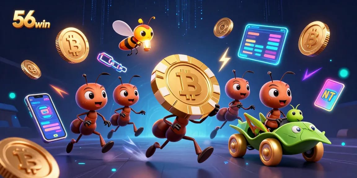 56win showcases a vibrant 3D casino heist scene with cartoon ants and crypto elements.