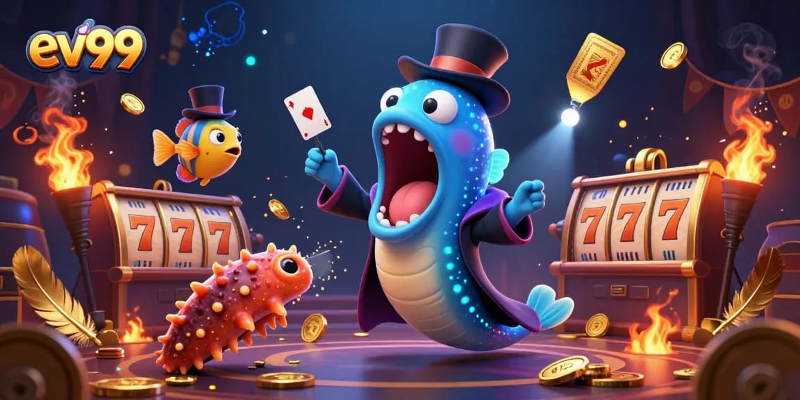 Experience thrilling card tricks at ev99 while a bioluminescent eel entertains in a light-filled casino.