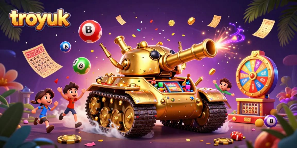 Experience thrills at troyuk with a vibrant casino scene featuring a golden beetle tank and dynamic game elements.