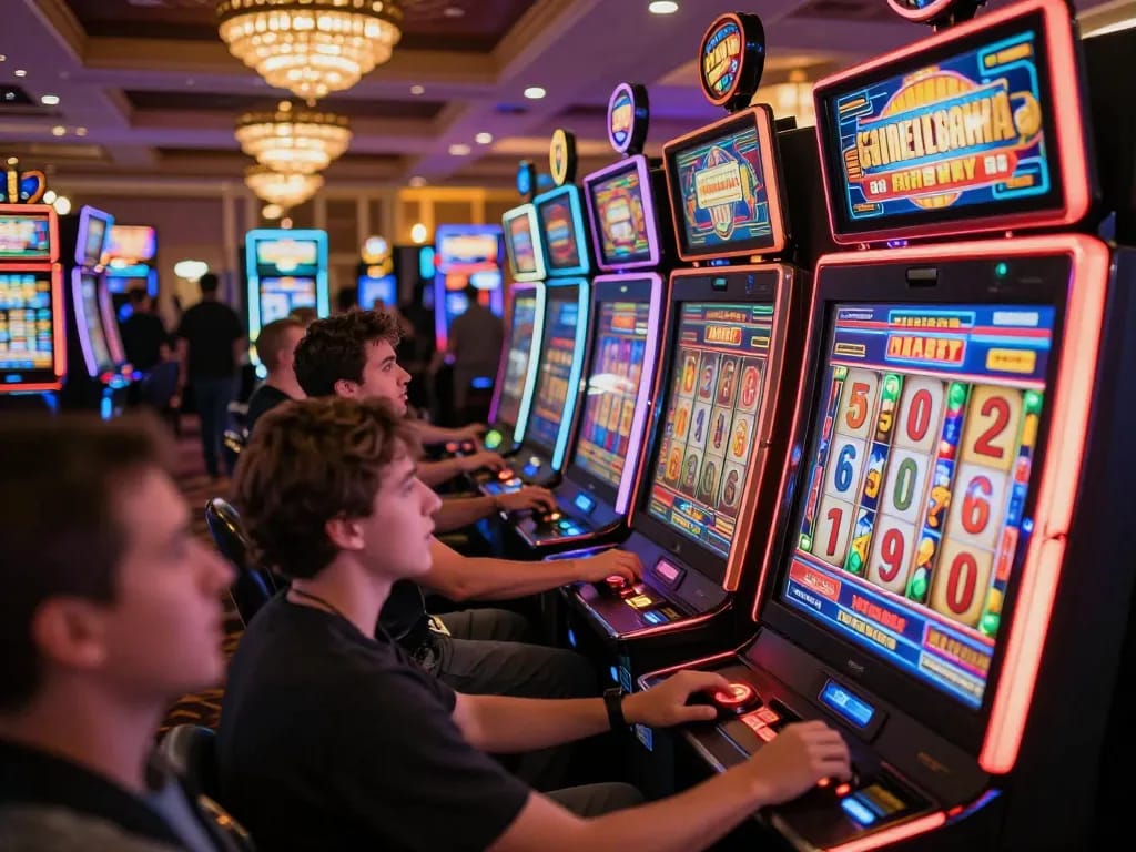 Players experiencing thrilling spins at gamebainohu slot machines in a lively casino atmosphere.