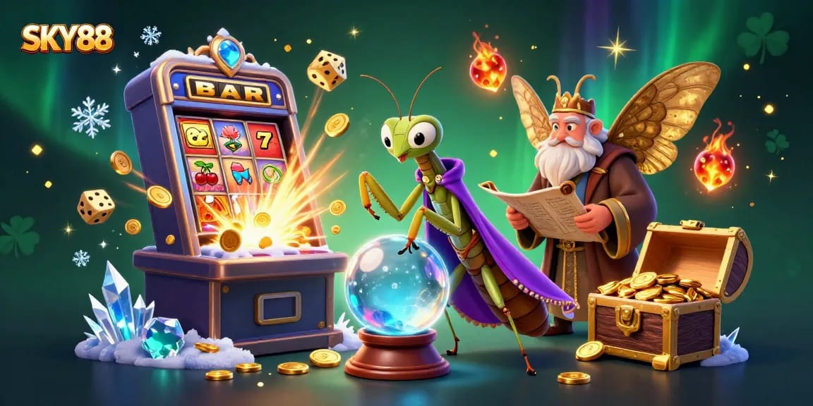 Play games and win big at SKY88 with a vibrant 3D illustration of fortune tellers and slot machines.