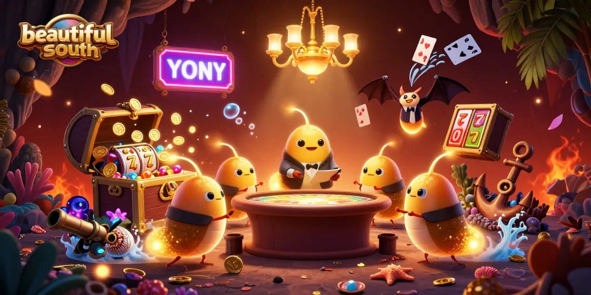 Explore beautifulsouth's dynamic scene in a vibrant casino setting with glowworms and slot machines.