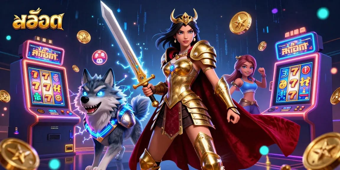 Engage in thrilling สล็อต action with vibrant, dynamic gaming elements in this captivating illustration.