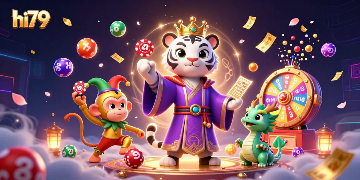 Engaging hi79 themed illustration showing a playful scene with a tiger, monkey, and a jade dragon in a dynamic casino environment.