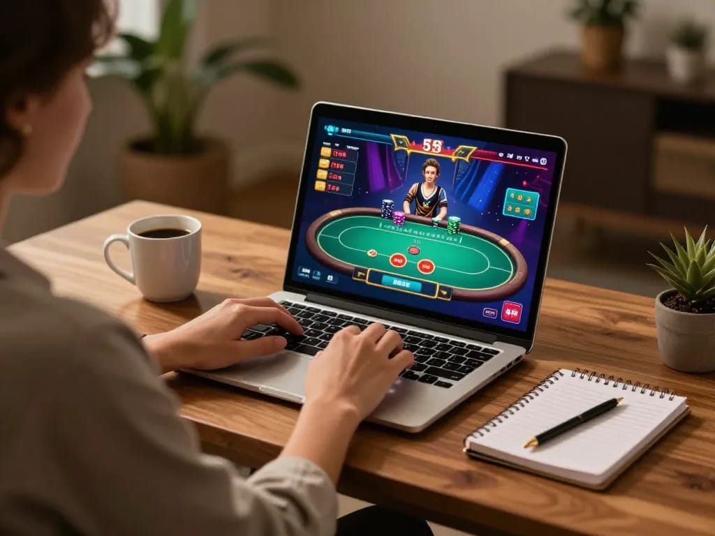Chơi poker trực tuyến với Rikvip trên một chiếc laptop thời thượng, thể hiện lối chơi chiến lược.