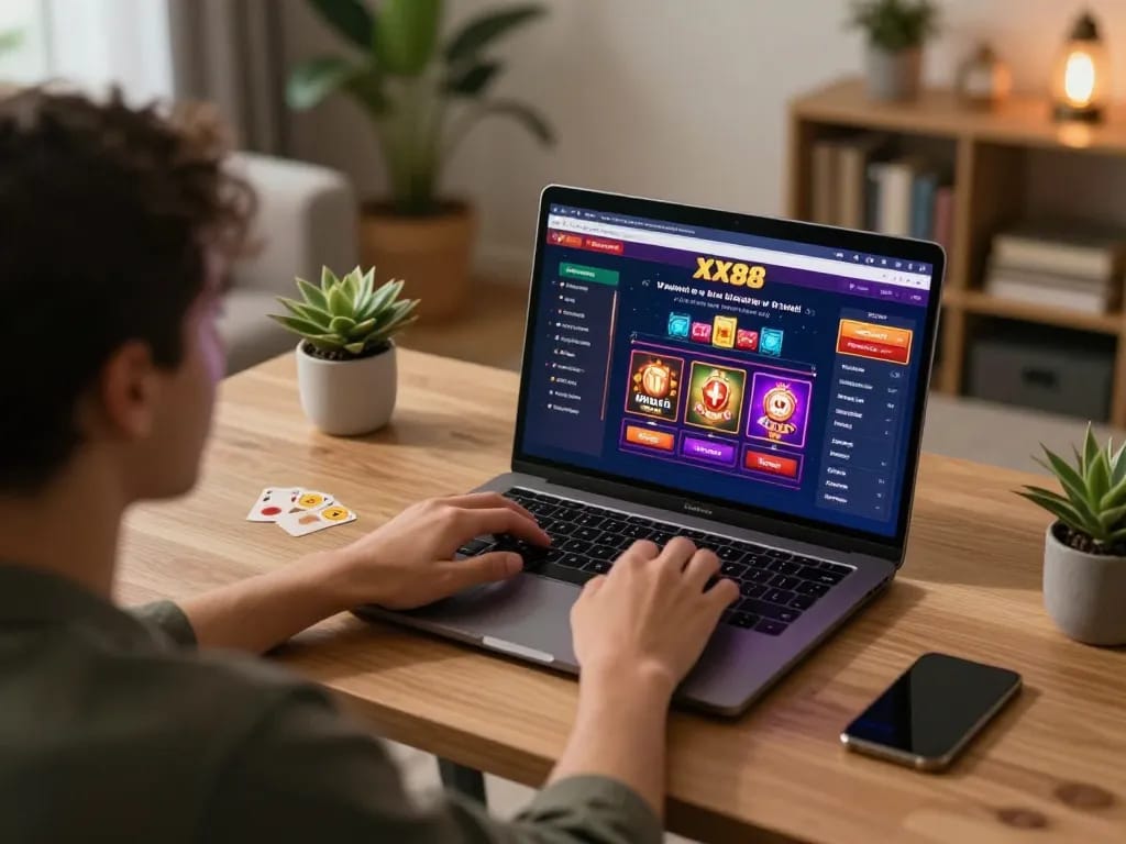 Player engaging with XX88 online casino platform on laptop, surrounded by a cozy home atmosphere