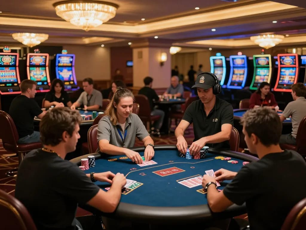 Engaged players at a go8 poker table in a luxurious casino environment with dealers managing the game.