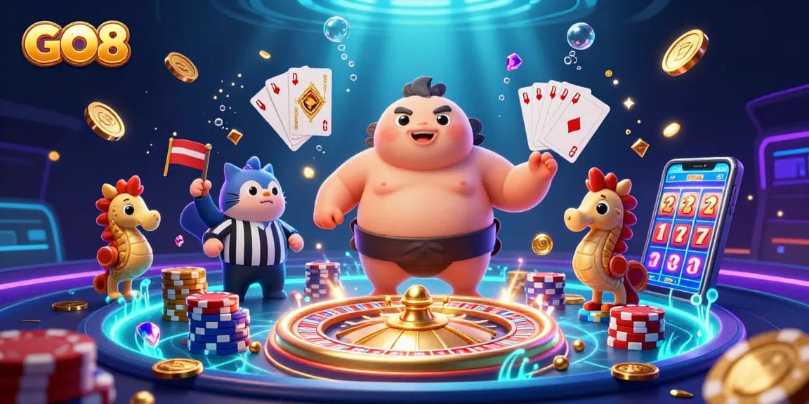 Engage with GO8's vibrant casino atmosphere featuring a 3D cartoon fugu and dynamic game elements.