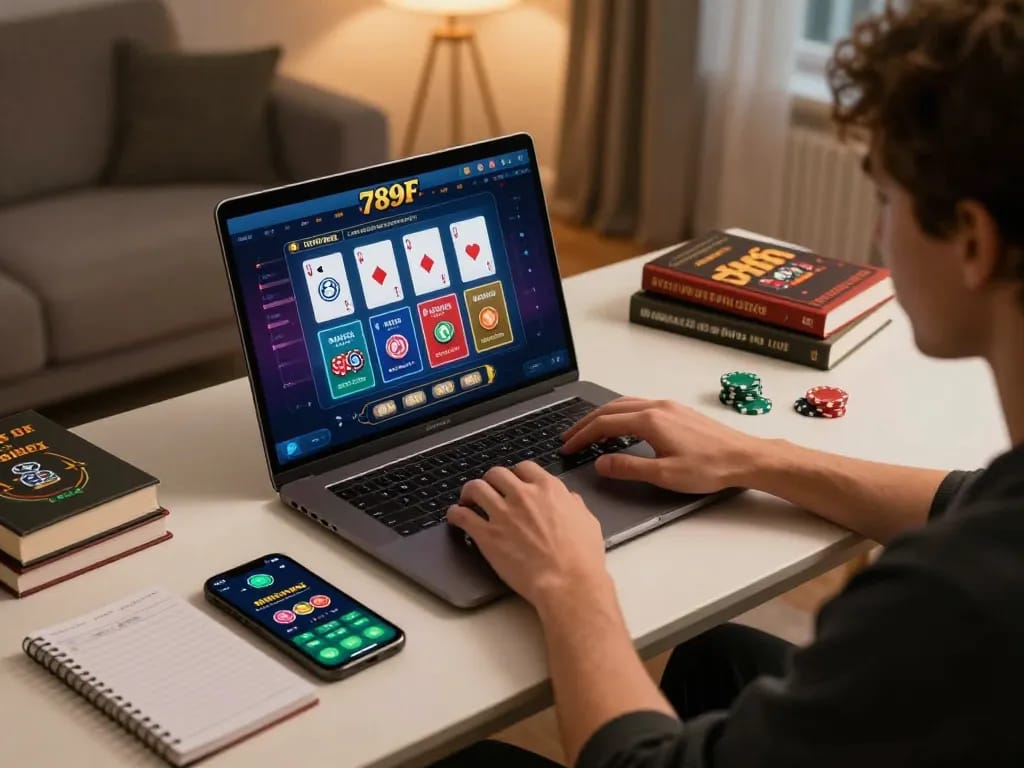 Engaging poker gameplay experience with 789F displayed on screen in a cozy online gaming setup