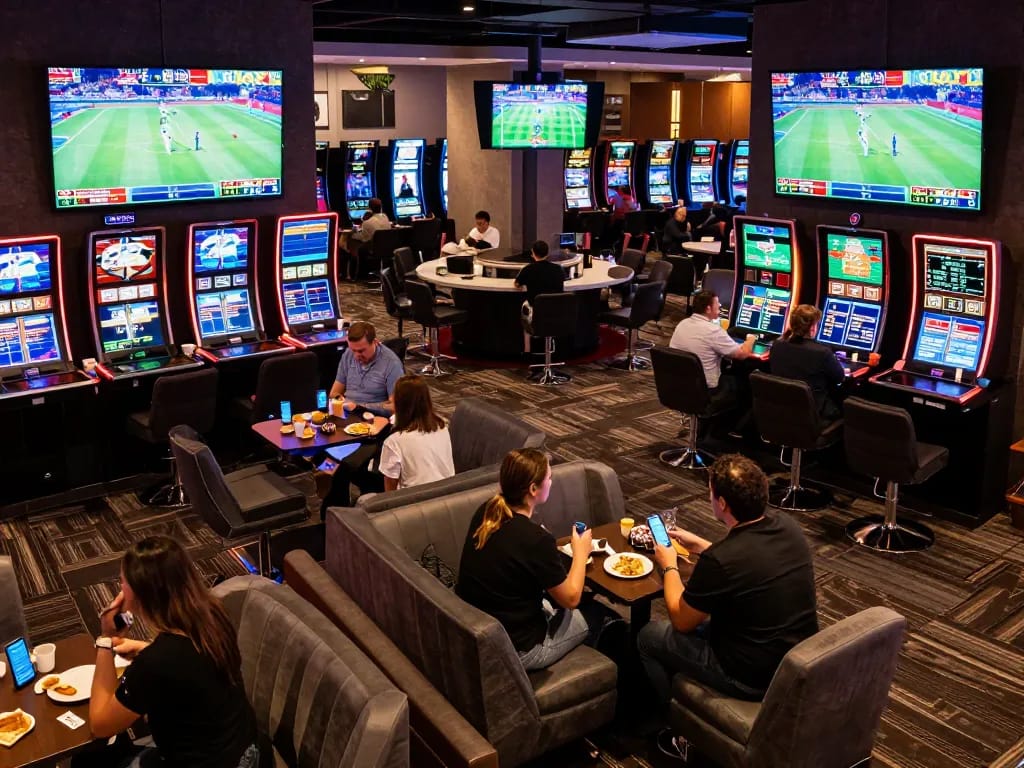 Bongdallu users actively placing bets in a lively sports betting lounge, highlighting modern gambling excitement.