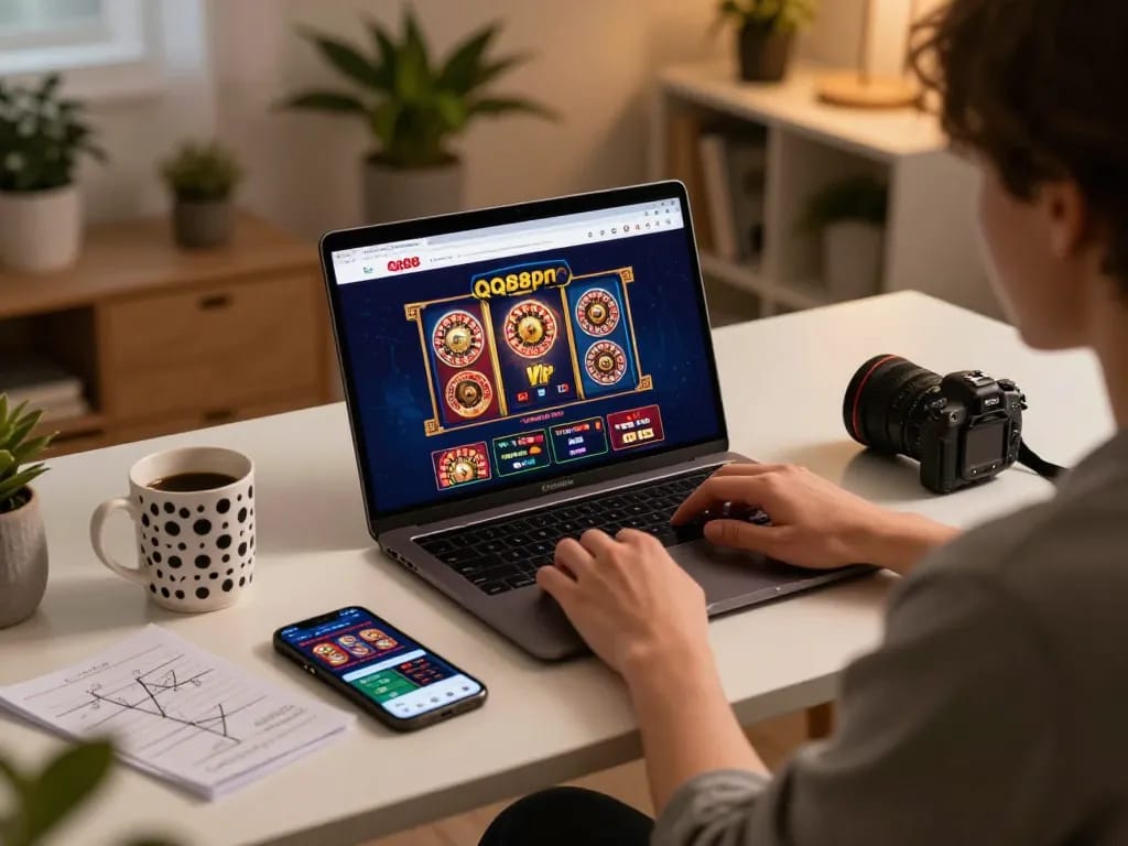 Person enjoying online gaming on QQ88pro Vip with strategic notes and a cozy atmosphere.
