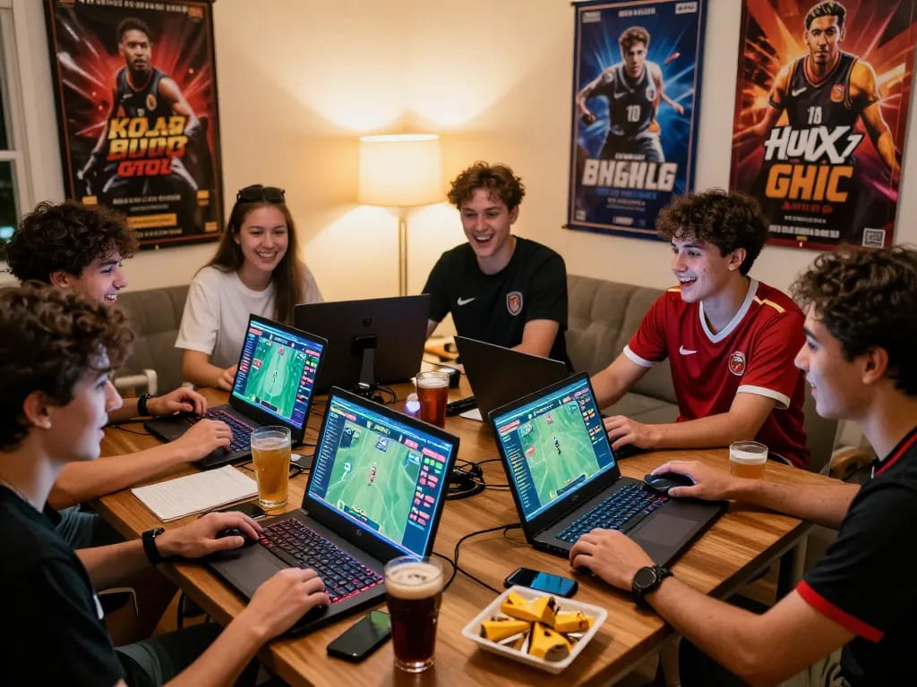 Friends enjoying online rikbet gaming in a vibrant living room with snacks and drinks.