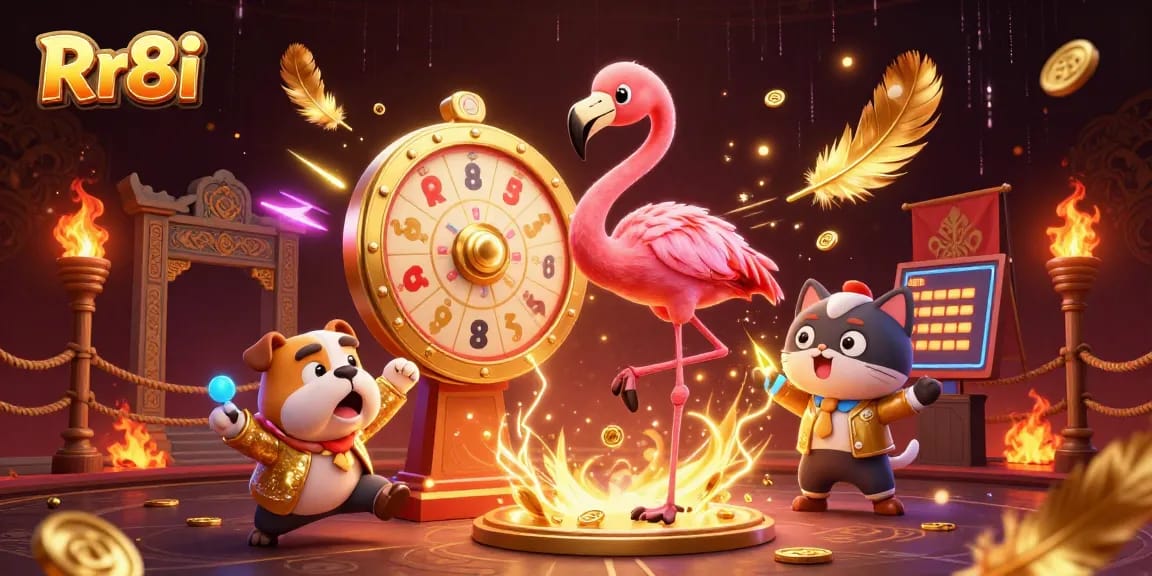 Rr8i spins a golden prize wheel in a thrilling casino scene with vibrant characters and elements.