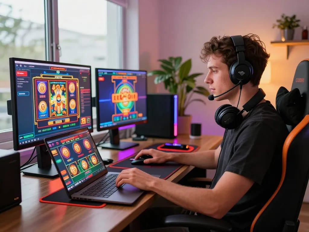 Engaging online gambling scene showcasing 23win gaming experience with vibrant atmosphere and modern setup.